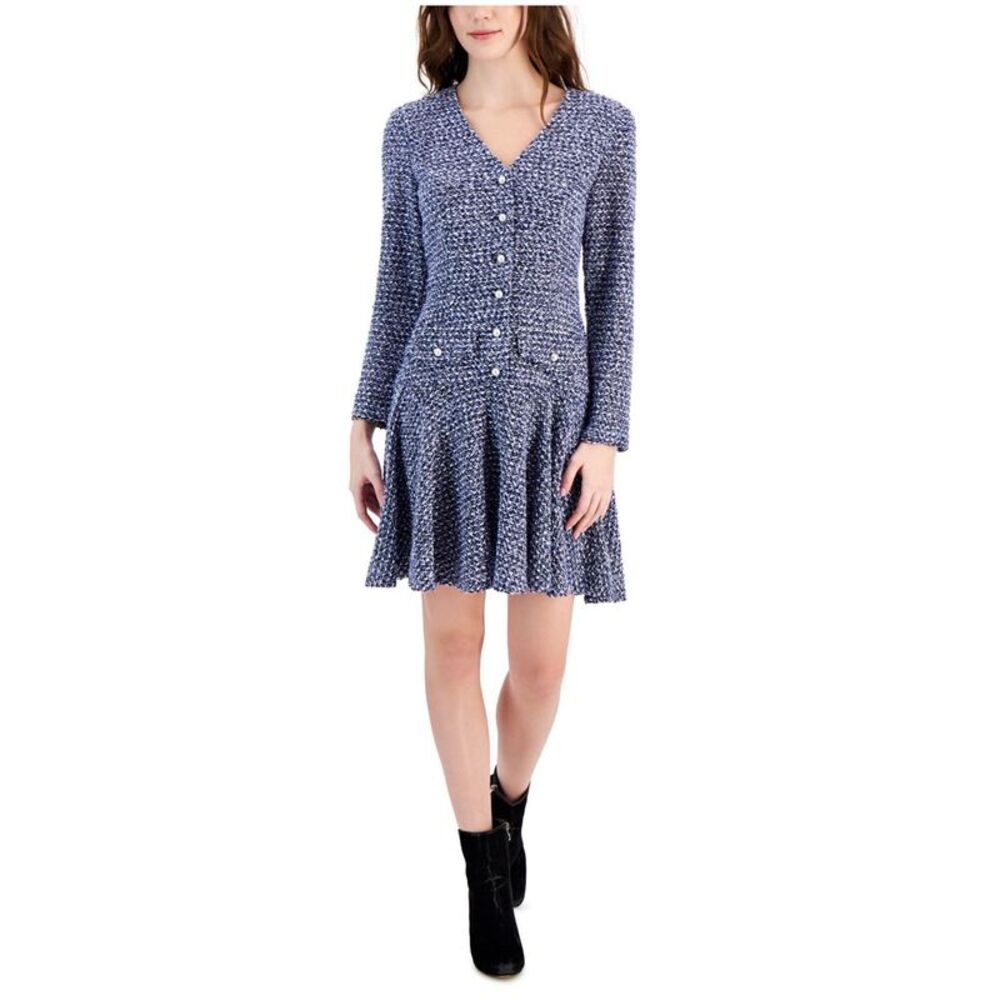Taylor Womens Boucle Tweed Fit & Flare Dress, Blue, 12, DM
